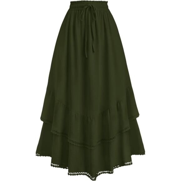 Maxi Skirts High Waist Drawstring with Pockets Green - Picture 1 of 6